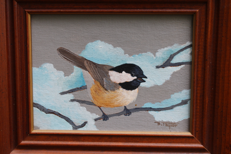 photo of chickadee bird hand painted naive art painting, primitive folk art framed canvas on board  #2