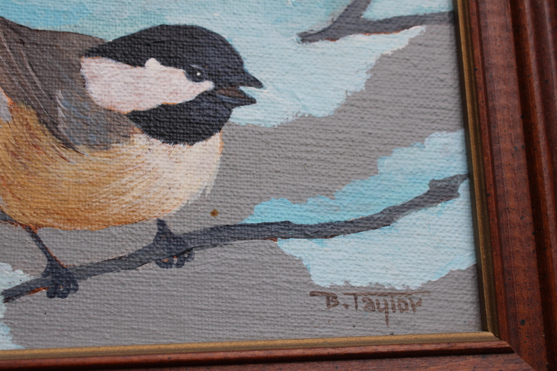 photo of chickadee bird hand painted naive art painting, primitive folk art framed canvas on board  #3