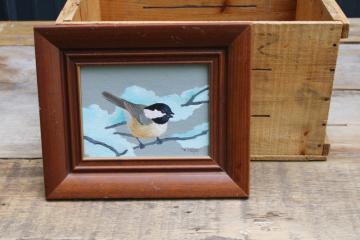 chickadee bird hand painted naive art painting, primitive folk art framed canvas on board 