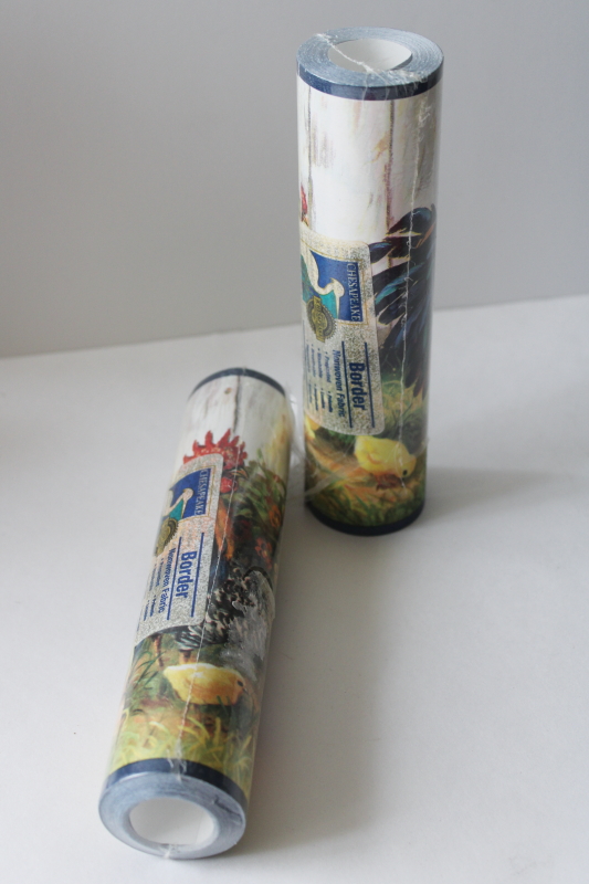 photo of chickens, rooster, hen & chicks print wallpaper border 2 sealed rolls rare discontinued Chesapeake print #1