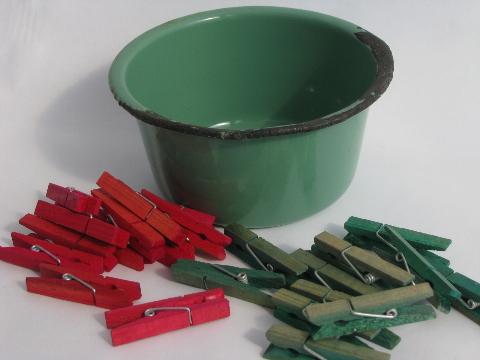 photo of child size jade green enamelware washtub & tiny clothespins, doll's laundry #1