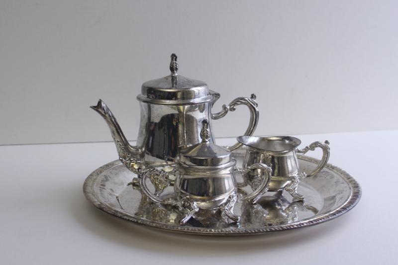 photo of child's size vintage silver plated tea pot set, tea party toy doll dishes #1