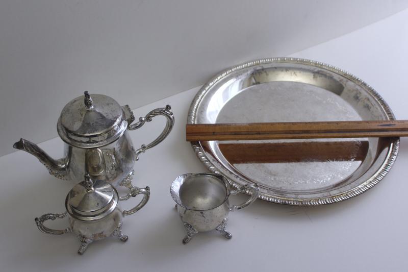 photo of child's size vintage silver plated tea pot set, tea party toy doll dishes #7