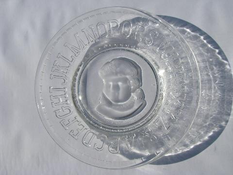 photo of child's glass plate, vintage Clay's crystal baby dish w/ cameo, alphabet letters #1