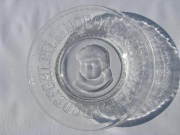 catalog photo of child's glass plate, vintage Clay's crystal baby dish w/ cameo, alphabet letters