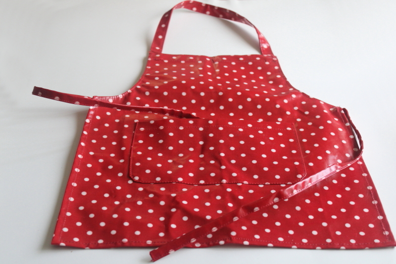 photo of child's size bakers apron, red & white polka dots print oilcloth cotton bib apron  #1