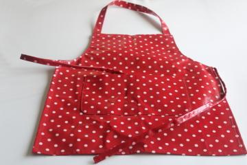 child's size bakers apron, red & white polka dots print oilcloth cotton bib apron 