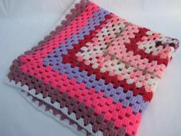 catalog photo of child's size throw or blanket, vintage crochet granny square afghan - pink!