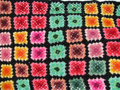 photo of child's size throw or blanket, vintage crocheted granny square afghan, black w/ brights #2