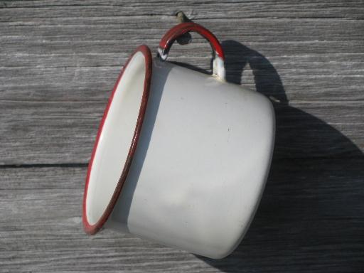 photo of child's size vintage bowl and cup, primitive old red and white enamelware #2