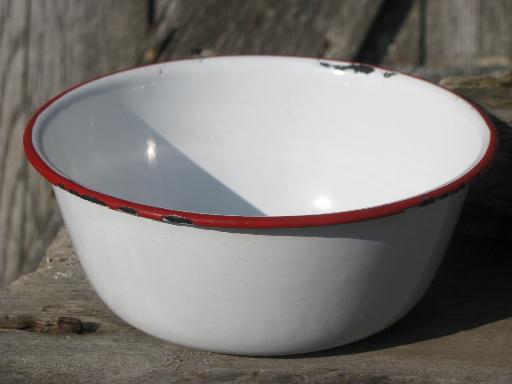 photo of child's size vintage bowl and cup, primitive old red and white enamelware #3