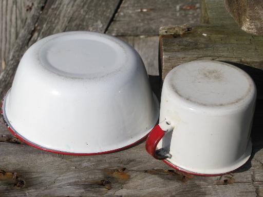 photo of child's size vintage bowl and cup, primitive old red and white enamelware #5