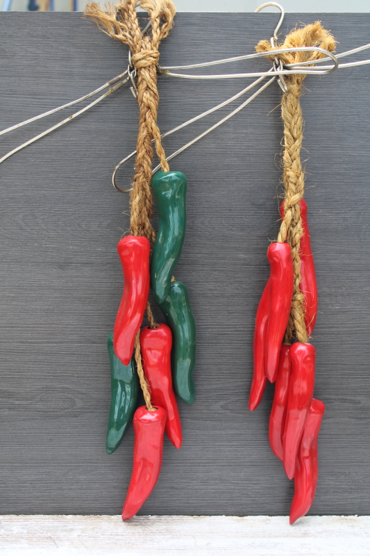 photo of chile pepper ristras handmade ceramic peppers, strings of green red chilies on rope #1