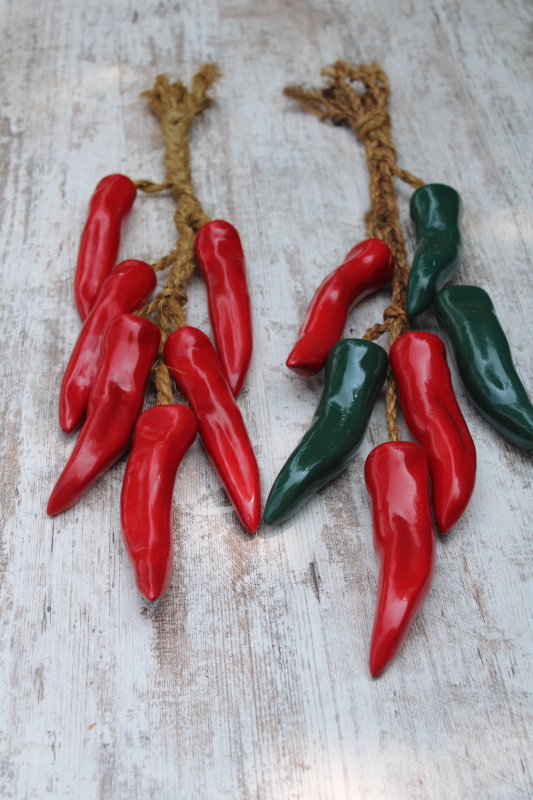 photo of chile pepper ristras handmade ceramic peppers, strings of green red chilies on rope #2