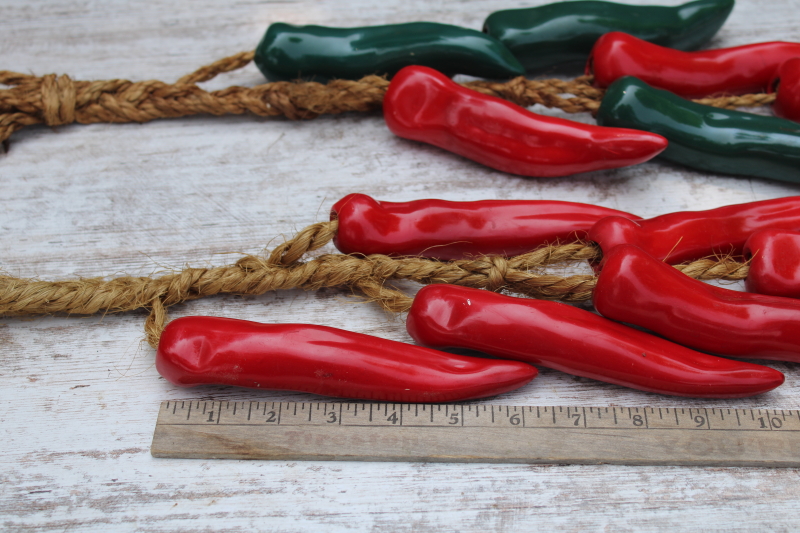 photo of chile pepper ristras handmade ceramic peppers, strings of green red chilies on rope #3