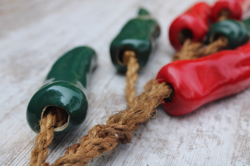 photo of chile pepper ristras handmade ceramic peppers, strings of green red chilies on rope #5