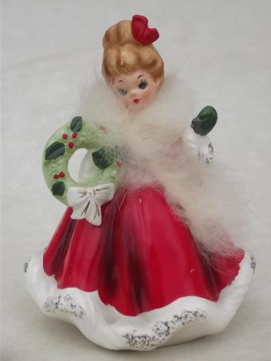 photo of china Christmas lady figurine w/ real furs and holly, 50s vintage Japan #1