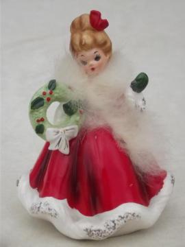 catalog photo of china Christmas lady figurine w/ real furs and holly, 50s vintage Japan