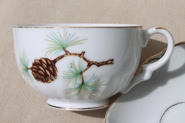 photo of china snack sets w/ rustic pine pinecones pattern plates & tea cups, vintage holiday dishes #6
