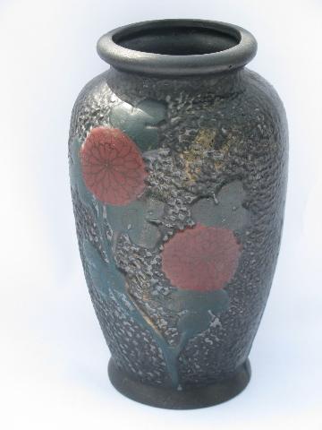 photo of chinoiserie chrysanthemum flowers on matte black, vintage ceramic vase, Japan #1