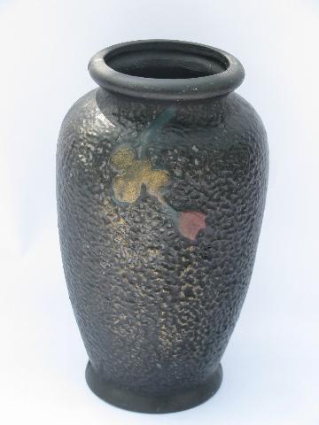 photo of chinoiserie chrysanthemum flowers on matte black, vintage ceramic vase, Japan #2