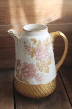 catalog photo of chinoiserie peonies antique china chocolate pot w/ hand painted floral & gold 1880s vintage