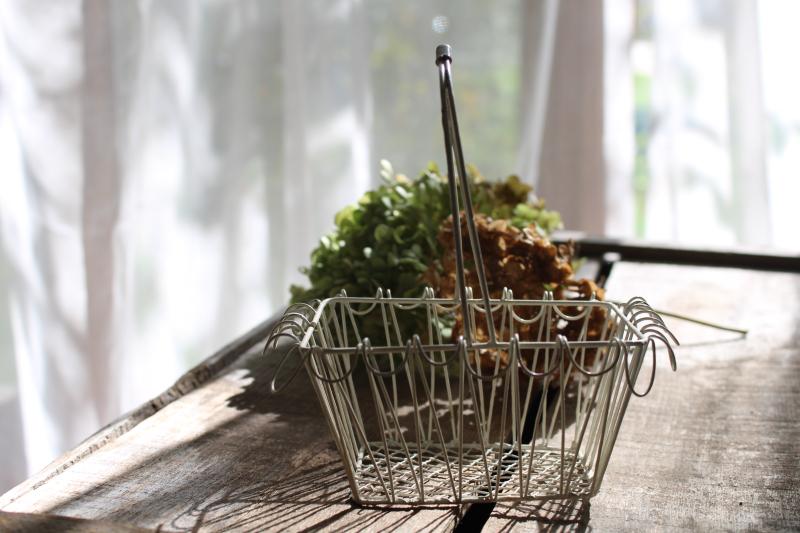 photo of chippy white vintage wire basket, mini wirework basket rustic farmhouse decor #1