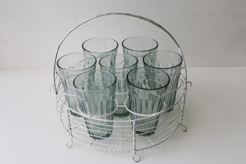 photo of chippy white wirework rack w/ recycled glass tumblers, green bubbled glass vases #1