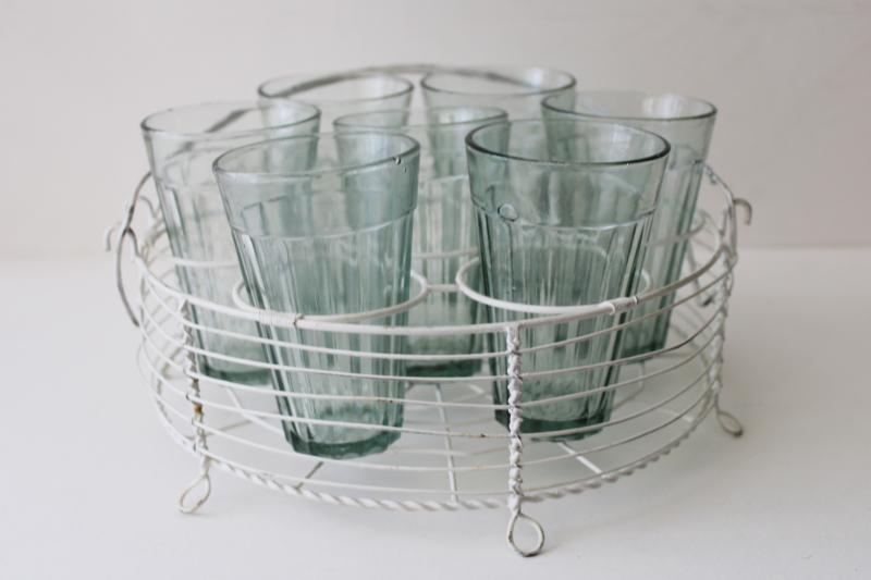 photo of chippy white wirework rack w/ recycled glass tumblers, green bubbled glass vases #3
