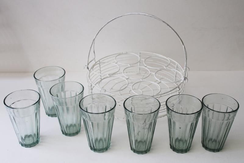 photo of chippy white wirework rack w/ recycled glass tumblers, green bubbled glass vases #8