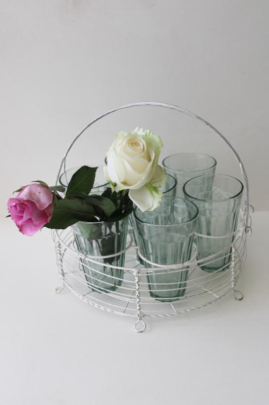 photo of chippy white wirework rack w/ recycled glass tumblers, green bubbled glass vases #9