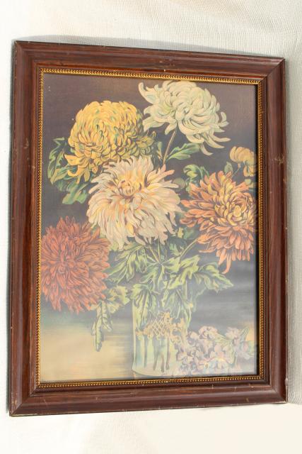 photo of chrysanthemums antique color litho print still life floral picture in old wood frame #1