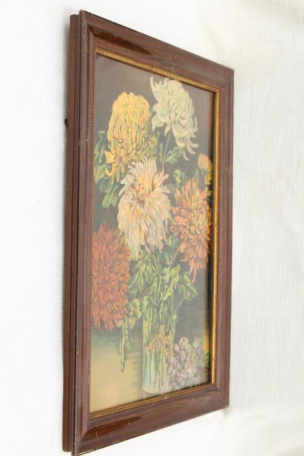 photo of chrysanthemums antique color litho print still life floral picture in old wood frame #2