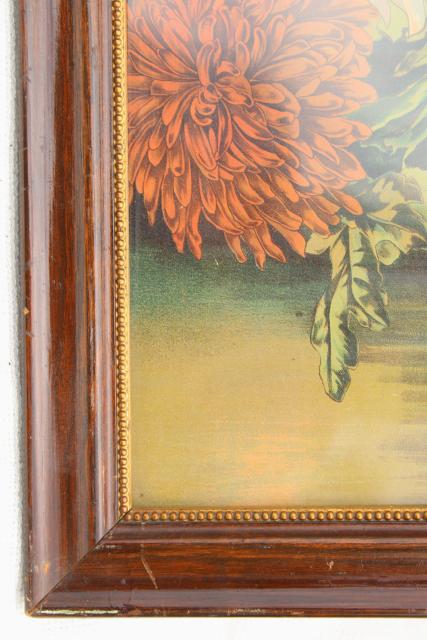 photo of chrysanthemums antique color litho print still life floral picture in old wood frame #3