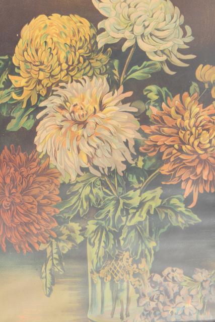 photo of chrysanthemums antique color litho print still life floral picture in old wood frame #4