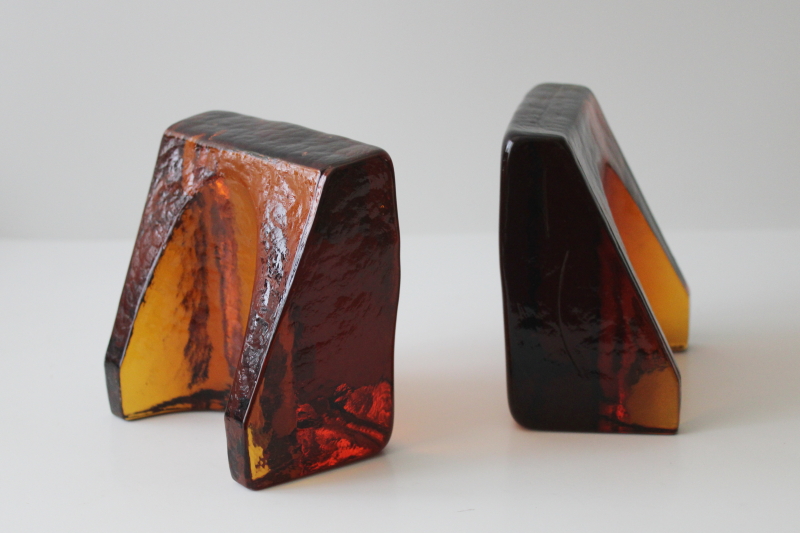 photo of chunky amber glass bookends, mod vintage Wayne Husted Blenko glass arched wedge shape #1