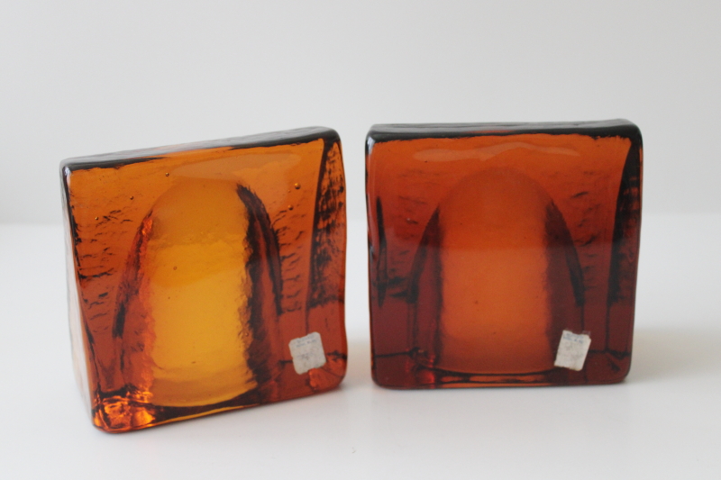 photo of chunky amber glass bookends, mod vintage Wayne Husted Blenko glass arched wedge shape #2