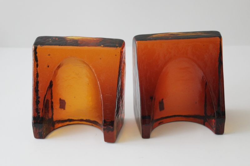 photo of chunky amber glass bookends, mod vintage Wayne Husted Blenko glass arched wedge shape #3