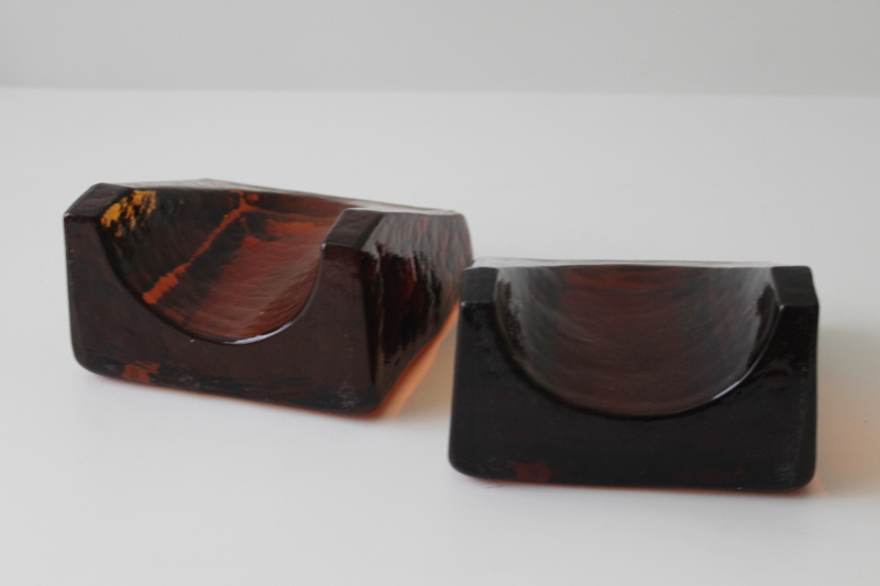 photo of chunky amber glass bookends, mod vintage Wayne Husted Blenko glass arched wedge shape #4