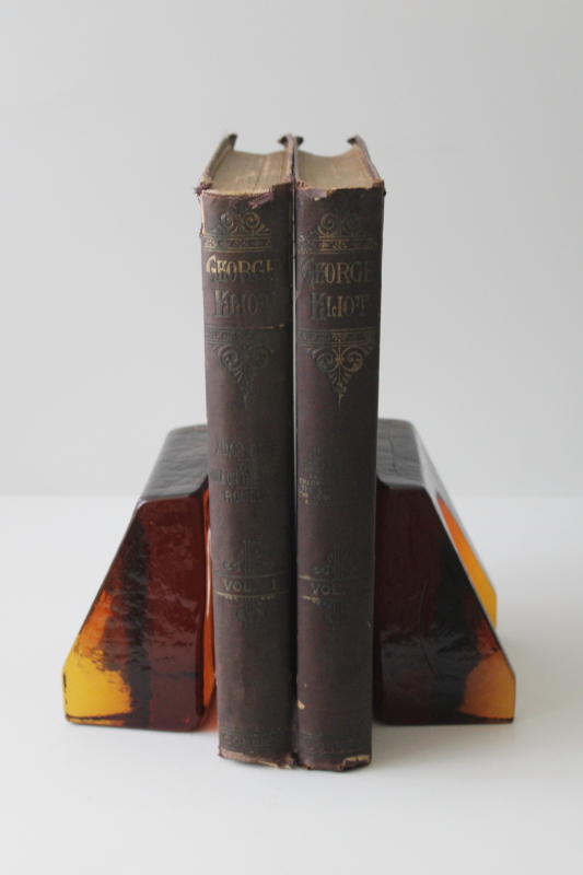 photo of chunky amber glass bookends, mod vintage Wayne Husted Blenko glass arched wedge shape #5