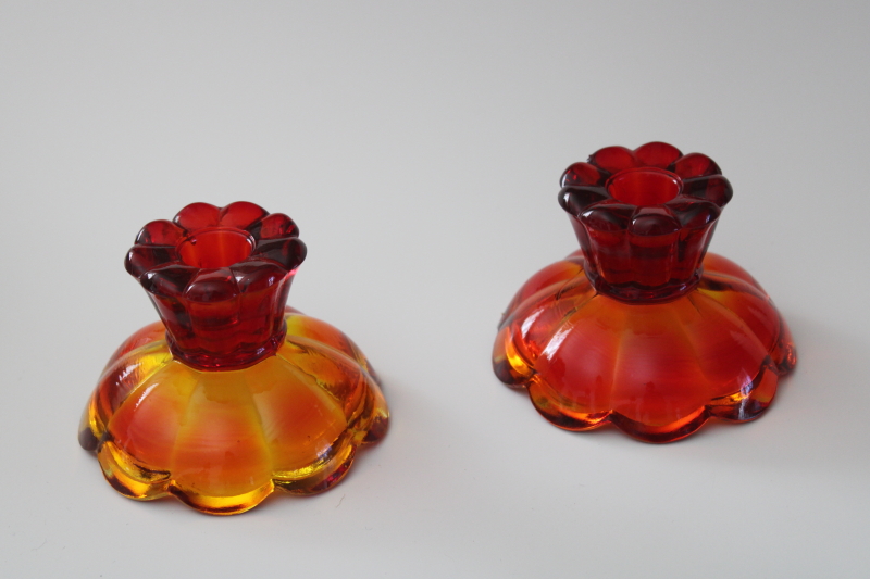 photo of chunky amberina glass candle holders, mod vintage orange glass w/ UV glow, Viking or LE Smith? #1