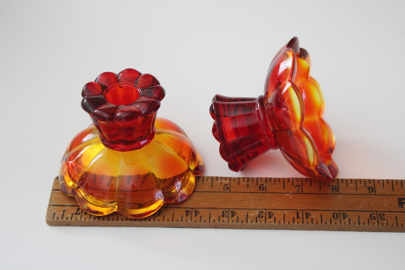 photo of chunky amberina glass candle holders, mod vintage orange glass w/ UV glow, Viking or LE Smith? #4