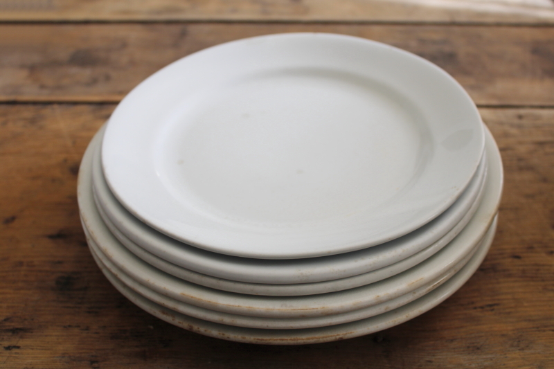 photo of chunky old white ironstone china plates, antique English backstamps Royal Arms marks #1