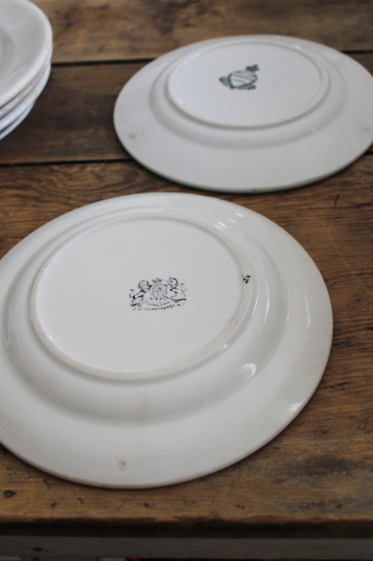 photo of chunky old white ironstone china plates, antique English backstamps Royal Arms marks #3