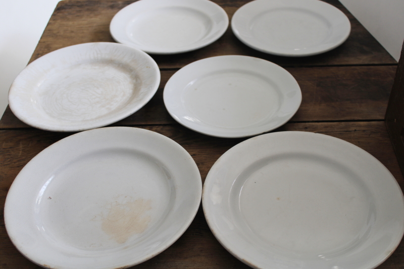 photo of chunky old white ironstone china plates, antique English backstamps Royal Arms marks #6