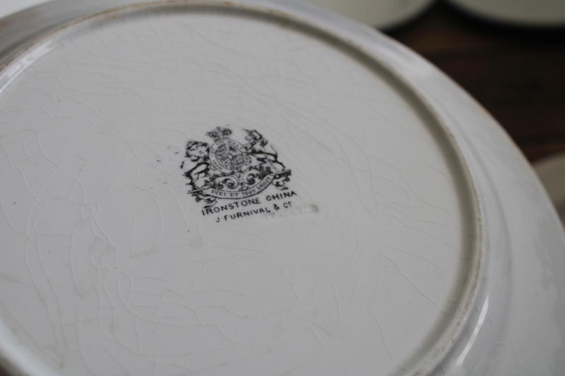 photo of chunky old white ironstone china plates, antique English backstamps Royal Arms marks #10