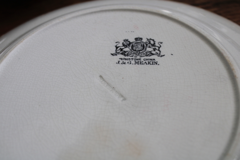 photo of chunky old white ironstone china plates, antique English backstamps Royal Arms marks #12