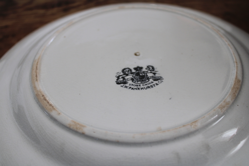 photo of chunky old white ironstone china plates, antique English backstamps Royal Arms marks #13