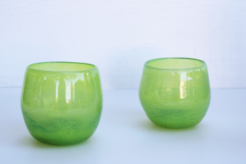 photo of chunky roly poly tumblers or stemless wine glasses, hand blown artisan glass lime green #1