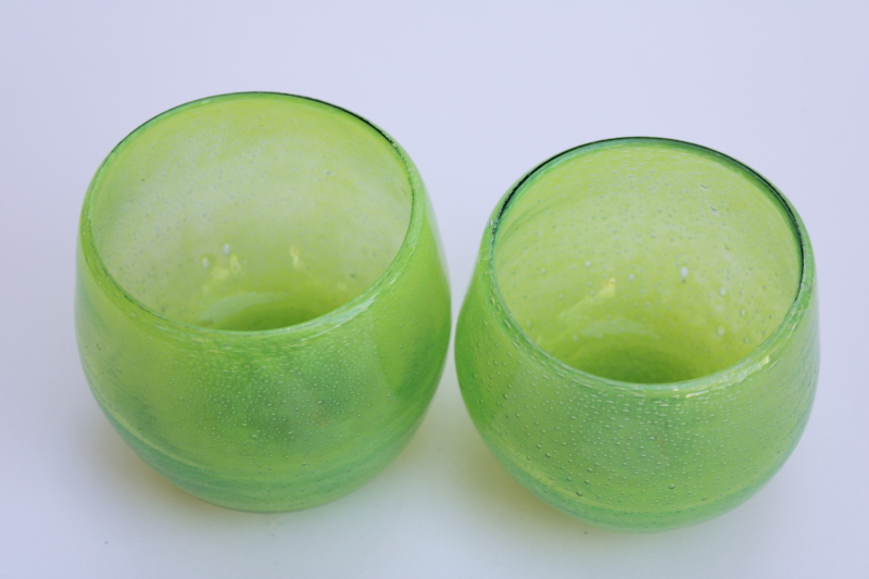 photo of chunky roly poly tumblers or stemless wine glasses, hand blown artisan glass lime green #2